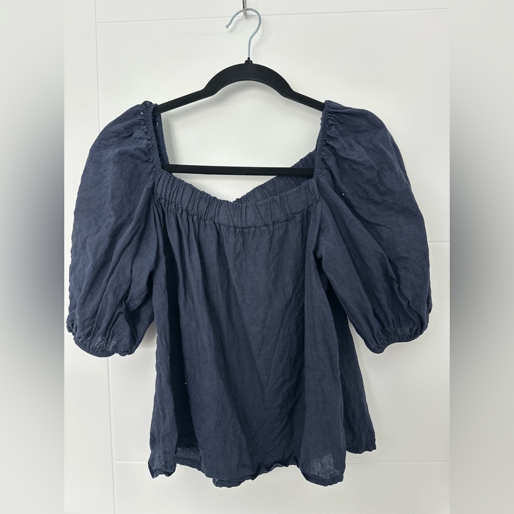 Meo Meli Linen Navy Puff Sleeve Blouse - Made in Italy